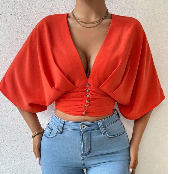 Vibrant Orange Button detail shirred Kimono Sleeve Blouse - Picture 2 of 5